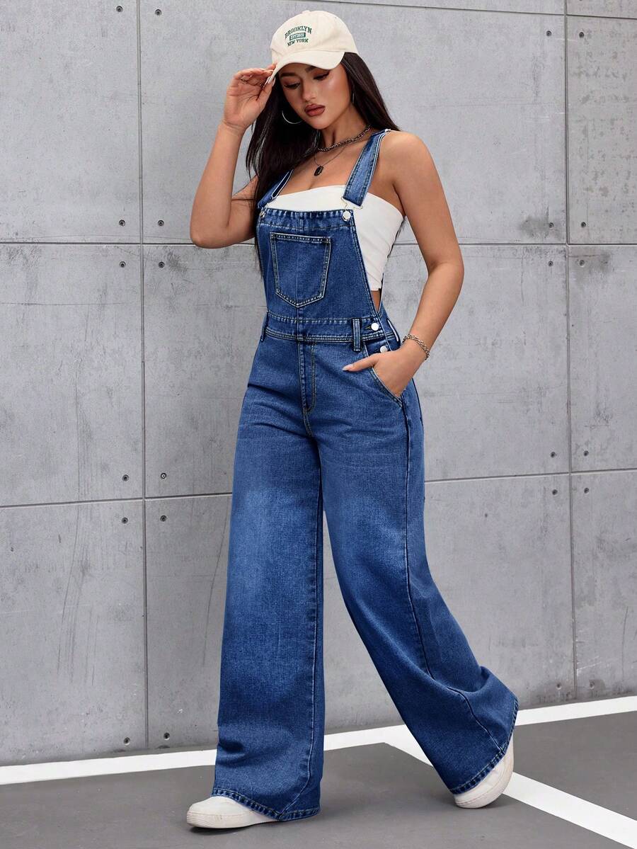SHEIN Tall Quần yếm denim dáng rộng, màu trơn, có túi xéo, thích hợp cho nữ. - Rửa tối - Xem 1