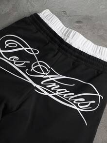 PAVTROS Men's Contrast Color Waistband Letter Print Wide Leg Sweatpants Wide Leg - Black - View 5
