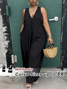 SHEIN CURVE+ 大码夏季休闲纯色吊带连体裤 - 黑色 - 查看 1