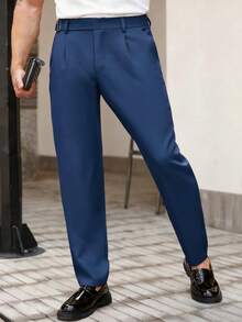 Manfinity CasualCool Men's Casual Solid Color Commuter Pants With Pockets - Navy Blue - View 5