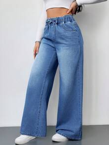 SHEIN Tall 女款牛仔褲休閒高腰寬腿長褲 藍色女款牛仔褲 夏季女裝彈性腰帶牛仔褲 休閒寬鬆直筒褲 高個女性適用 - 淺色水洗藍 - 查看 4