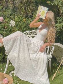 Lucivie Vestido maxi de vacaciones con cuello en V profundo, cintura ceñida y estampado elegante y romántico para mujer - Blanco - Ver 6