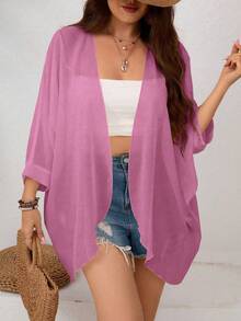 SHEIN Clasi 大码女式纯色七分袖开襟外套 - 珊瑚粉 - 查看 4