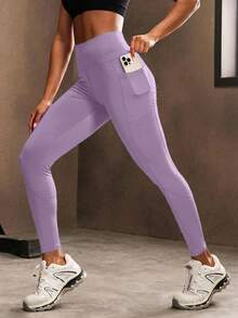 Powerista Quần legging nữ dáng ôm, màu trơn, cạp cao, phối nhiều túi. - Màu tím - Xem 4