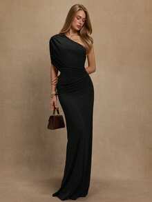 SHEIN BAE 秋冬酒红色不对称领口褶皱修身鱼尾连衣裙，优雅适合鸡尾酒会、浪漫约会、叠穿、派对、正式场合、夜间外出、婚礼宾客、万圣节、圣诞节等场合。 - 黑色 - 查看 1