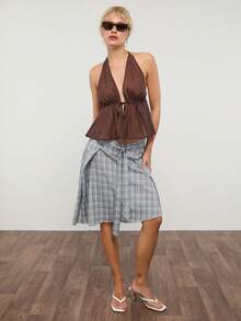 COUREZ Gebundenes transparentes Top / Y2K Sommerkleidung für Frauen, braune ärmellose Tops, Ausgehoutfit, Sommeroutfit, Konzertoutfit, Frühlingsoutfit für Frauen - Kaffeebraun - Übersicht 2