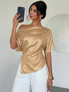Firerie Women's Elegant Sophisticated Urban Chic Off-Shoulder Asymmetric Hem Metallic Coated Gold Blouse,Summer Top For Seductive Party Night Valentine's Day - Khaki - View 6