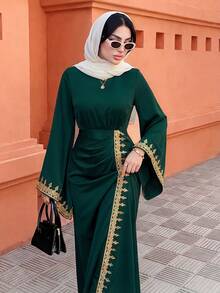 Elenzga 女式优雅喇叭袖花卉蕾丝边修身连衣裙，秋季 - 墨綠色 - 查看 3