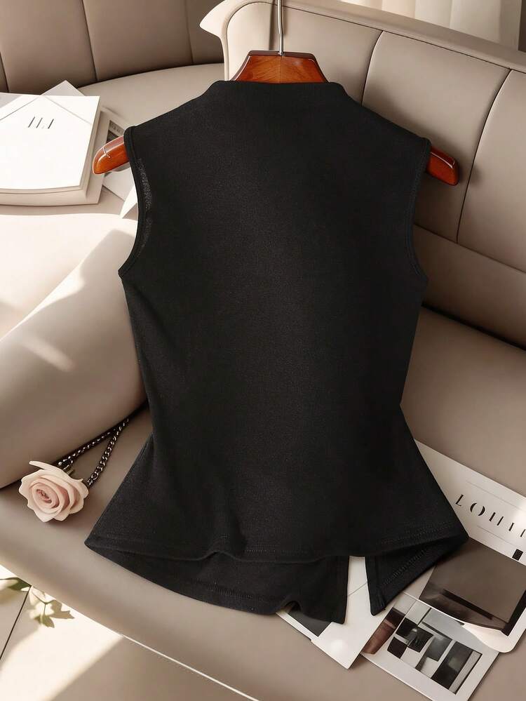 Women's Summer Stand Collar Cinched Waist Side Slit Button Decor Casual Elegant Sleeveless T-Shirt