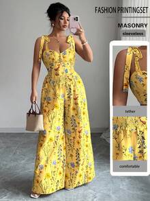 Elenzga Plus Size Women's Spaghetti Strap Backless Design + High Waist Wide Leg Pants 2 Pieces Set - Yellow - View 1