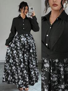 SHEIN Elenzya 大码女式法式休闲优雅刺绣花卉印花长袖连衣裙，秋冬款 - 黑色 - 查看 5