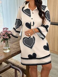 Weeklong Plus Size Casual Heart Print Button Front Shirt Dress - Multicolor - View 4