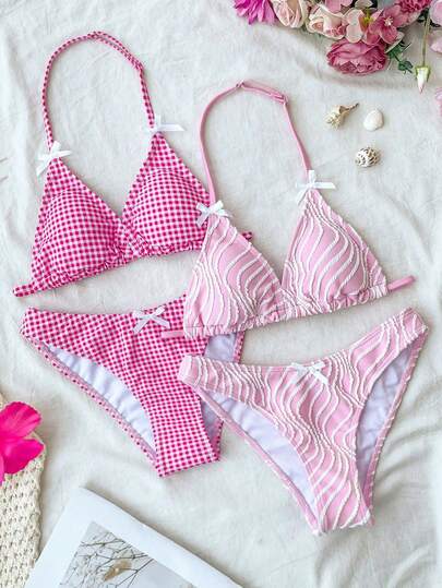 2pcs/Set Tween Girls Bikini Sets, Summer Beach Vacation Plaid Bow Swimwear Set + Solid Textured Swimwear Set