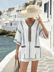 Louniche V-Neck Blue & White Striped Pocket Casual Blouse For Women - Multicolor - View 5