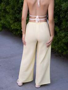 Andrea Bello Quần ống đứng buộc dây du lịch thường ngày cho nữ, màu vàng, đa năng và thon gọn, vải dệt, mùa xuân/hè - Butter Yellow - Xem 2