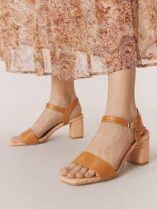 Styleloop 女士方头粗跟浅棕色踝带编织凉鞋，户外简约透气舒适波西米亚西部风音乐节假日风格女式凉鞋 - 淺棕色 - 查看 2