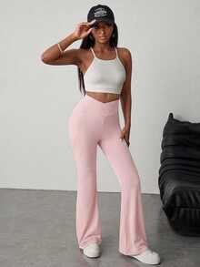 SHEIN Teenager Mädchen solide rosa Hose mit hoher Taille und Weitung, geeignet für Zuhause, Lässig, Outdoor Sport - Pink - Übersicht 4