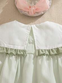 Souflis Souflis Baby Girls' Summer New Arrival Cute Peter Pan Collar Bow Embroidered Floral Trim Pocket Design Open Back Sweet Casual Princess Dress - Green - View 5