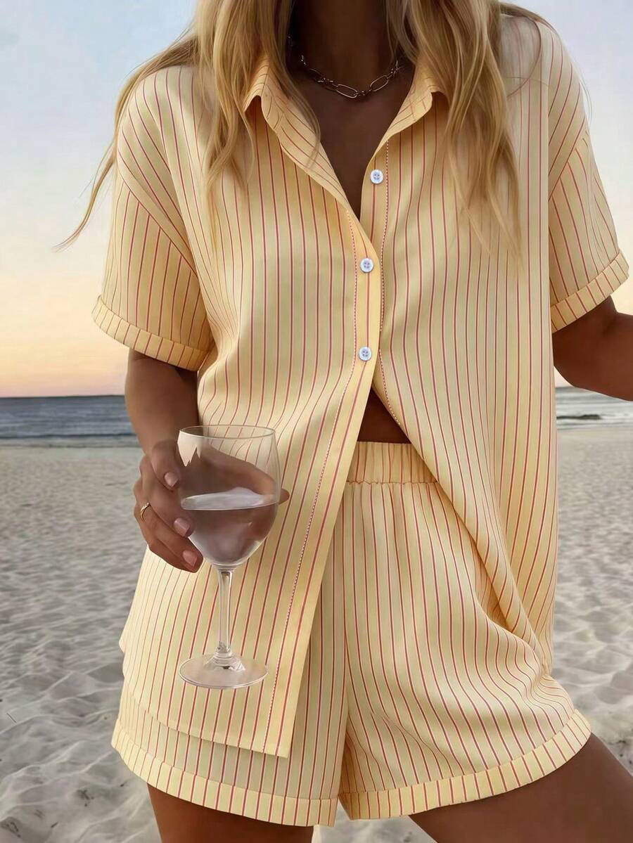 Vaclyn Women's Striped Print Shirt And Shorts 2 Pieces Set - Yellow - View 1