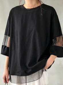 FRIFUL Women's Casual Solid Color Mesh Patchwork T-Shirt, Summer - Black - View 2