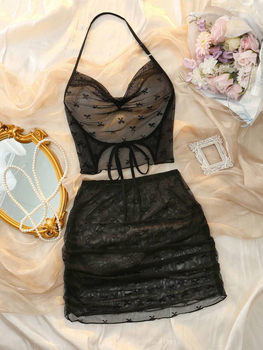 女士性感蝴蝶结网纱睡衣套装 - 黑色 - 查看 1