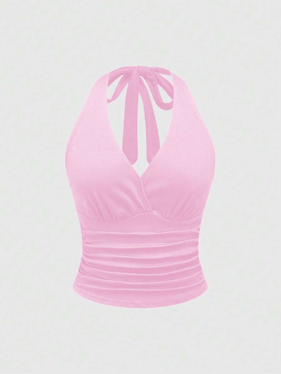 ROMWE Grunge Punk 女式露背挂脖粉色背心，性感纯色夏季 - 粉色 - 查看 1