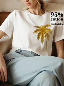 Anewsta Vacation Casual Coconut Tree Print Short Sleeve T-Shirt - White - View 5