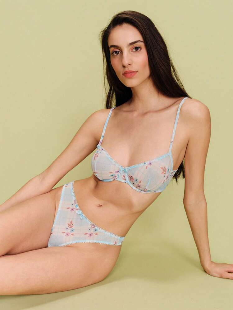 Conjunto de lencería con estampado de cuadros escoceses y flores azules, de estilo francés y parisino, con borde festoneado, para primavera y verano