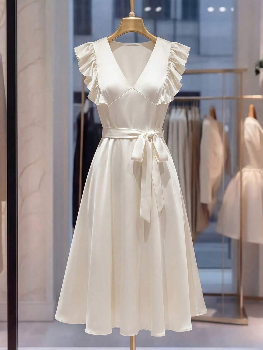 GlowEve CURVE Elegant Women's Apricot Satin A Line Knee Length Dress With V Neck Ruffle Puff Sleeves Perfect For Receptions - Apricot - View 1