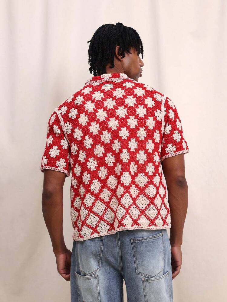 Men's Crochet Box Fit Resort Shirt Short Sleeve Button Up Red White Floral Pattern Summer Vacation Beach Casual Tropical Style Collared Top