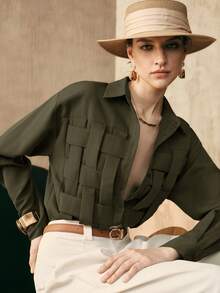 Arave Camisa casual recta de mujer con cuello de camisa, manga larga tipo raglan y media cartera, de tela tejida lisa - Verde militar - Ver 2