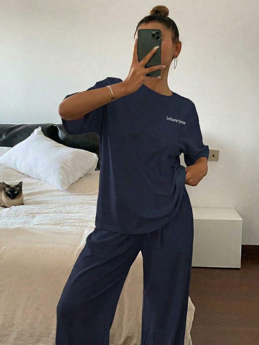 DAZY 2pcs Women Sleepwear Set, Letter Print Soft & Cozy Lounge Set Pajama - Navy Blue - View 1