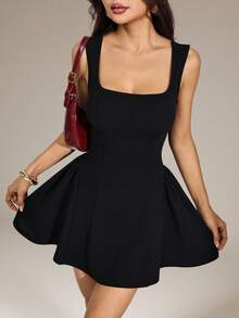 SHEIN PETITE Đầm ngắn nữ gợi cảm tối giản, màu trơn, hở lưng, thắt eo, thích hợp cho mùa hè, đi club. - màu đen - Xem 2