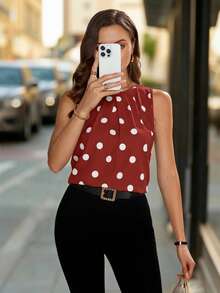 Editum Áo không tay xếp ly in chấm bi kiểu vintage dành cho nữ, áo mùa hè cho nữ, trang phục thường ngày cho nữ, áo giảm giá cho nữ, trang phục mùa hè cho nữ, áo nữ mùa hè, áo đỏ. - Đỏ - Xem 6