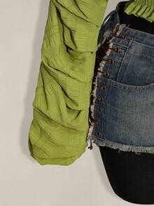 SHEIN ICON Textured Fabric Waist Gathered Deep Shirred Shirred Petal Sleeve Women Blouse - Green - View 6
