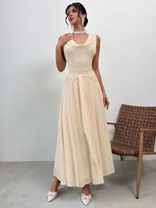 Firerie Summer Elegant Beige Dinner Beach Dress For Women,Sleeveless Sheer Chiffon Plunge Neck Slim Fit Long Vacation Dress,Spring New Arrival - Apricot - View 3
