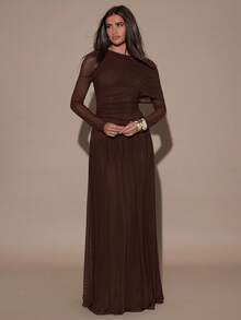SHEIN BAE Đầm dài tay xếp ly phối lưới tương phản thanh lịch dành cho nữ, thích hợp cho mùa xuân/hè. - Cà phê nâu - Xem 5