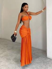 BamGleam Top de un solo hombro corto, falda larga de parche con volantes de malla, conjunto sexy de 2 piezas para vacaciones en la playa para mujeres - Naranja Coral - Ver 8