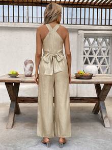 SHEIN Clasi Bộ áo liền quần ống rộng thanh lịch, cổ yếm buộc dây, kiểu dáng lãng mạn. - Vàng - Xem 2