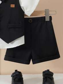 SHEIN Gentleman Boy's Set Sleeveless Vest&Solid Shorts Black And White,Summer,Formal,Wedding Guest Elegant Outfit For Birthday Party Christening Performance - Royal Blue - View 6