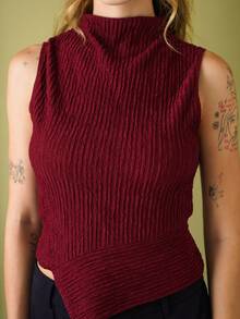 Ananda Vibes Áo ba lỗ bó sát cổ cao viền bất đối xứng màu đỏ tía cho nữ, Áo đỏ, Áo dệt kim họa tiết bất đối xứng, Áo ngắn, Trang phục công sở thường ngày cho nữ, Trang phục Halloween, Quần áo mùa thu cho nữ - Màu Đỏ Sâu - Xem 3