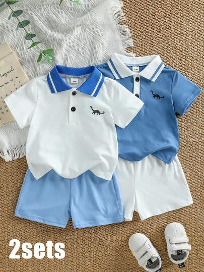 SHEIN Conjunto de 4 piezas de camiseta de manga corta y pantalones cortos con estampado de dinosaurio para bebé niño, de ajuste holgado para actividades al aire libre, adecuado para salidas casuales y deportes ligeros
