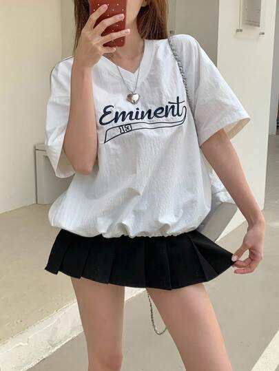 DAZY Women's V-Neck Letter Embroidered Casual Short Sleeve T-Shirt Summer