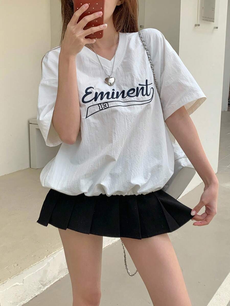 DAZY Women's V-Neck Letter Embroidered Casual Short Sleeve T-Shirt Summer - White - View 1