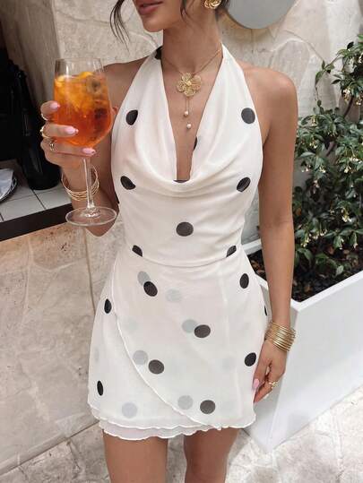 Firerie Women's Elegant Minimalist Delicate Romantic Sexy Party Afternoon Tea Wedding Guest Holiday Birthday Gathering Music Festival Polka Dot Print Plunging Neck Backless Tie Strap A-Line Apricot Mini Dress, Spring/Summer