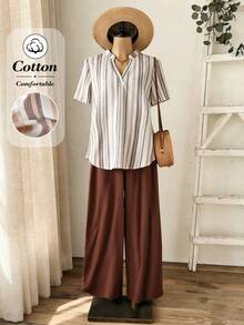 Rusticease 条纹复古V领短袖衬衫和阔腿裤休闲两件套女装 - 彩色 - 查看 3
