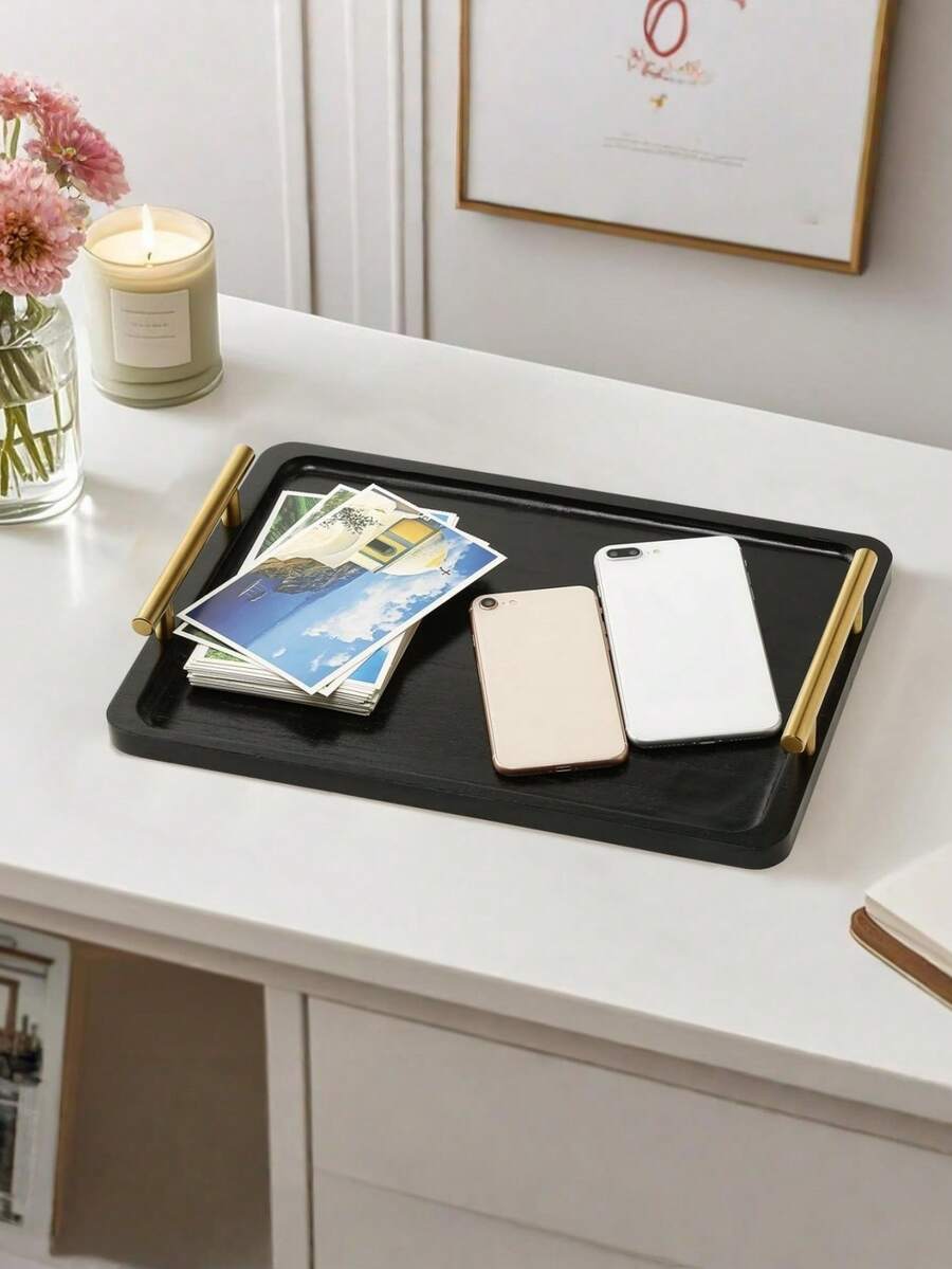 1PC Bamboo Serving Tray With Metal Handles Black Finish Decorative Coffee Table Tray Multipurpose For Breakfast Ottoman Home Decor Kitchen Living Room Dining Table Storage Organizer Platter Housewarming Birthday Wedding Gift Idea - Black - View 1