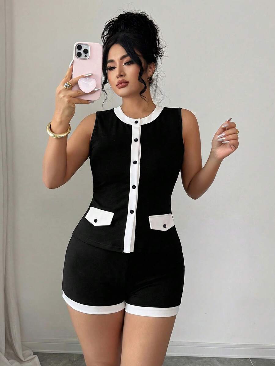 Elenzga Plus Size Women's French Style Elegant Black And White Summer 2-Piece Set,Fitted Sleeveless Top And Shorts Outfit For Everyday Brunch And Casual Wear - Black - View 1