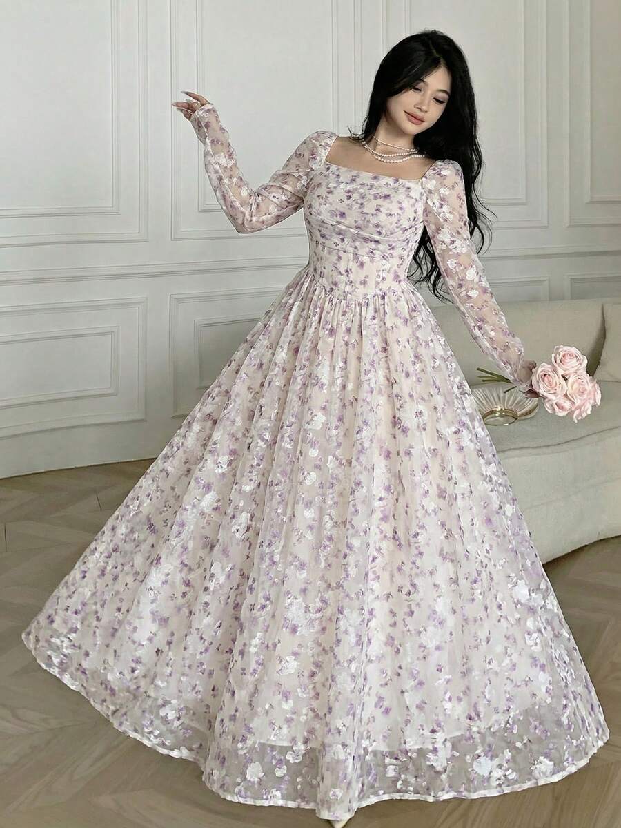 Feyla 女士优雅碎花方领收腰长连衣裙,春夏款 - 淡紫色 - 查看 1