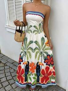 SHEIN EZwear 时尚印花无袖夏季连衣裙，热带风情沙滩裙，度假连衣裙，巴西热带度假印花连衣裙；休闲印花荷叶边无肩带连衣裙，适合度假、秋季穿着、婚礼宾客礼服、生日礼服、外出等场合。 - 彩色 - 查看 6